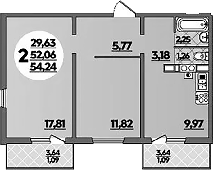 2-комн., 52.06 м², 2/5 этаж, ЖК «Тихорецк»
