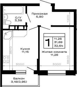 1-комн., 31.69 м², 3/16 этаж, ЖК «Горные высоты»