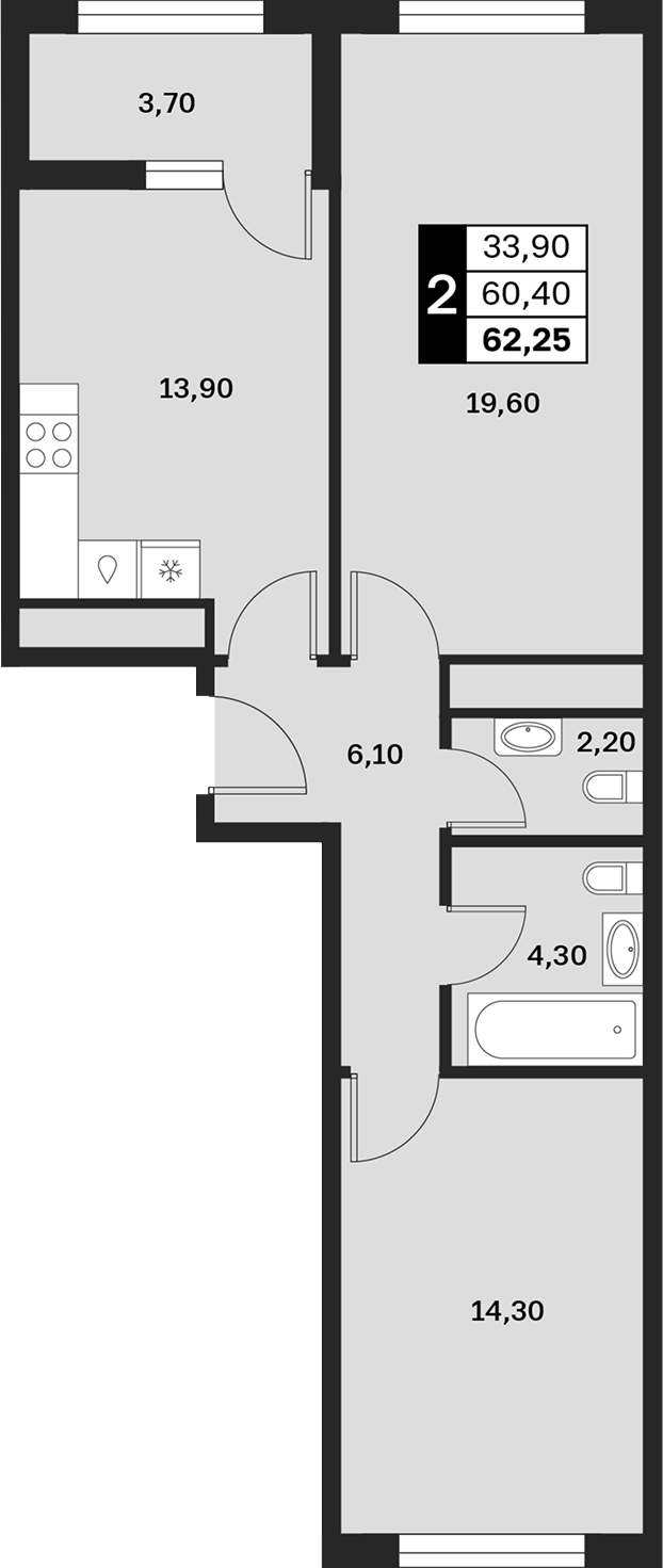 2-комн., 60.4 м², 7/9 этаж, ЖК «Аксис Патриот»