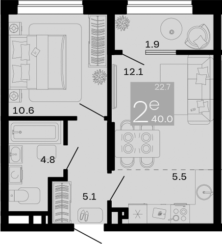 2-комн., 38.1 м², 8/8 этаж, ЖК «Хозяин Морей»
