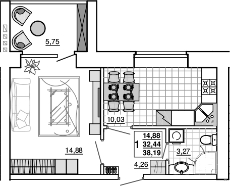1-комн., 32.44 м², 5/5 этаж, ЖК «Новый Город. СЗ Премьерстрой»