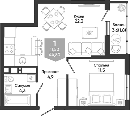 2-комн., 43 м², 3/24 этаж, ЖК «Облака»
