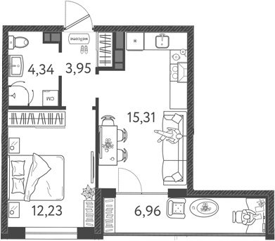 2-комн., 35.83 м², 3/9 этаж, ЖК «Друзья»
