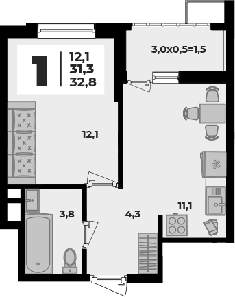 1-комн., 31.3 м², 1/8 этаж, ЖК «Родной дом 5»