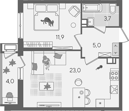 2-комн., 43.6 м², 5/24 этаж, ЖК «Рекорд»