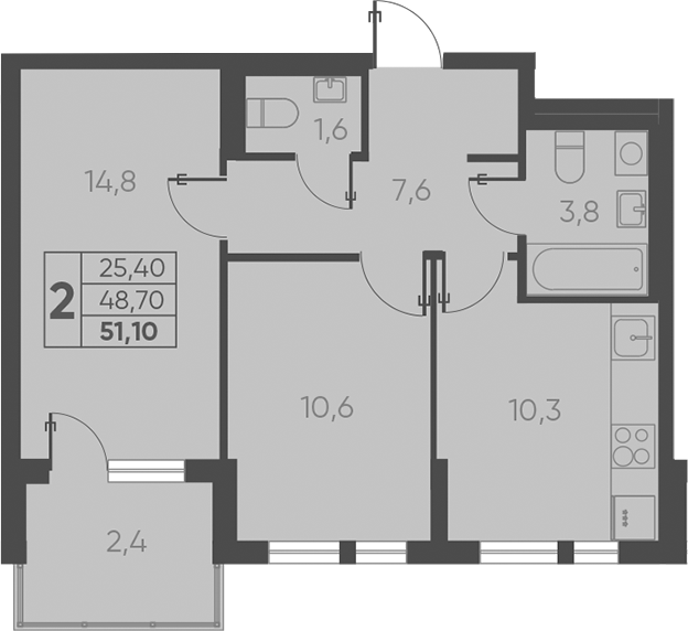 2-комн., 48.7 м², 9/15 этаж, ЖК «Барса»
