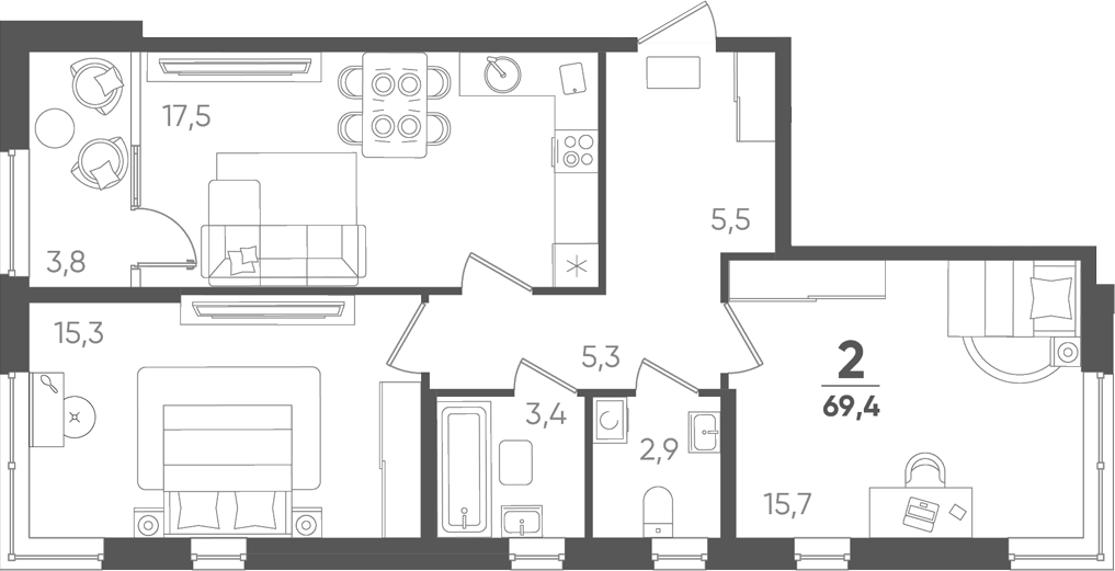 2-комн., 65.6 м², 2/18 этаж, ЖК «Барса»