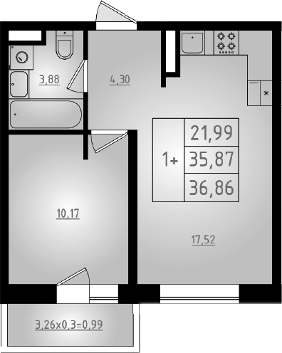2-комн., 35.87 м², 4/8 этаж, ЖК «Мега 2»