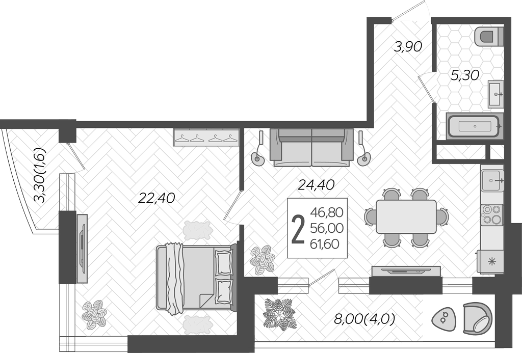 2-комн., 56 м², 15/16 этаж, ЖК «Зеленодар»