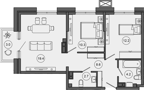 3-комн., 57.4 м², 2/10 этаж, ЖК «Гостиничный комплекс GREENMONT»