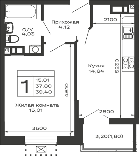 1-комн., 37.8 м², 10/14 этаж, ЖК «Долина»