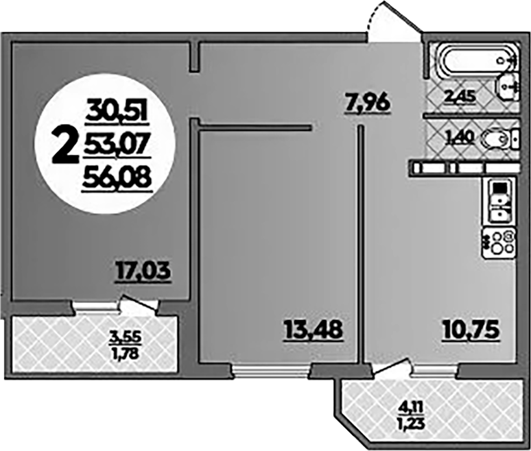 2-комн., 53.07 м², 5/16 этаж, ЖК «Восточный. Квартал №6»