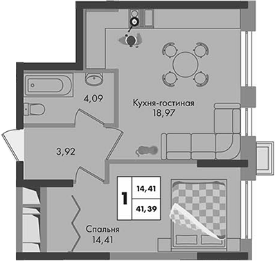 1-комн., 41.39 м², 3/9 этаж, ЖК «Зеленая территория»