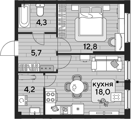 1-комн., 45 м², 2/19 этаж, ЖК «DОГМА ПАРК»