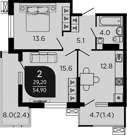 2-комн., 52.31 м², 19/23 этаж, ЖК «Отражение. Дарстрой»