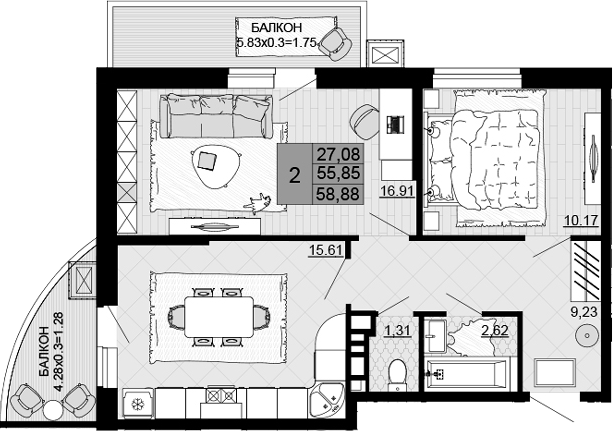 2-комн., 55.85 м², 2/12 этаж, ЖК «Дружба»