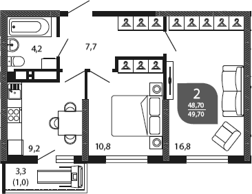 2-комн., 48.7 м², 23/23 этаж, ЖК «Облака»