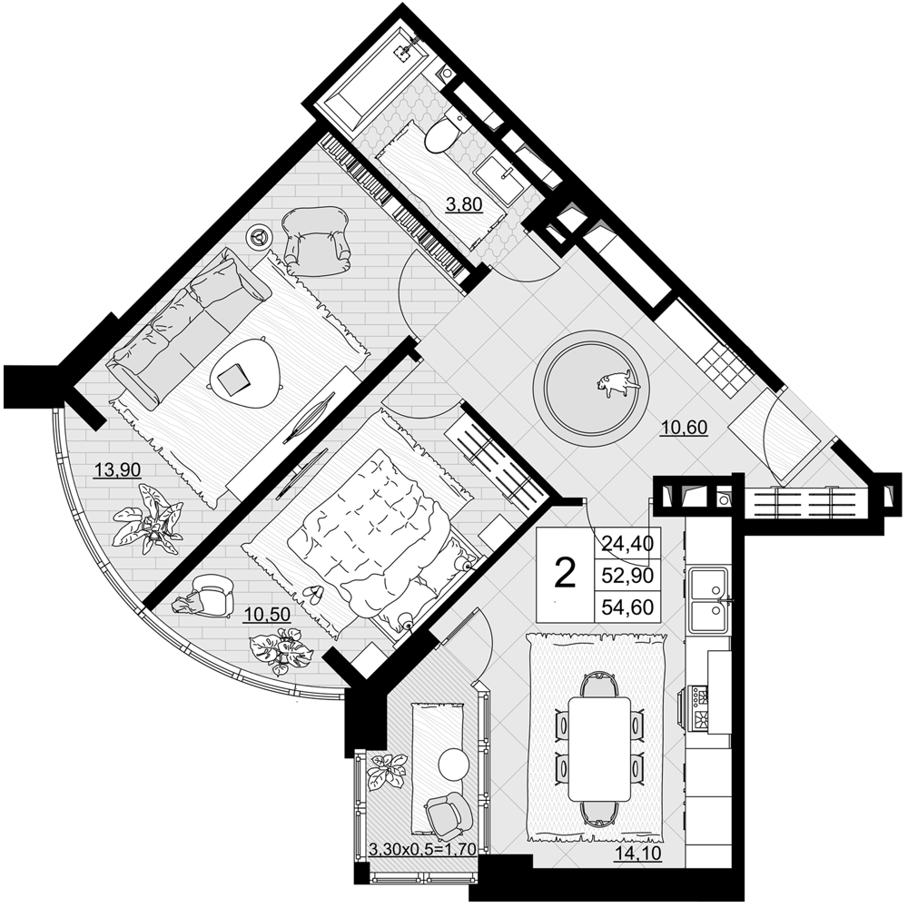 2-комн., 52.9 м², 5/12 этаж, ЖК «Песчаный»