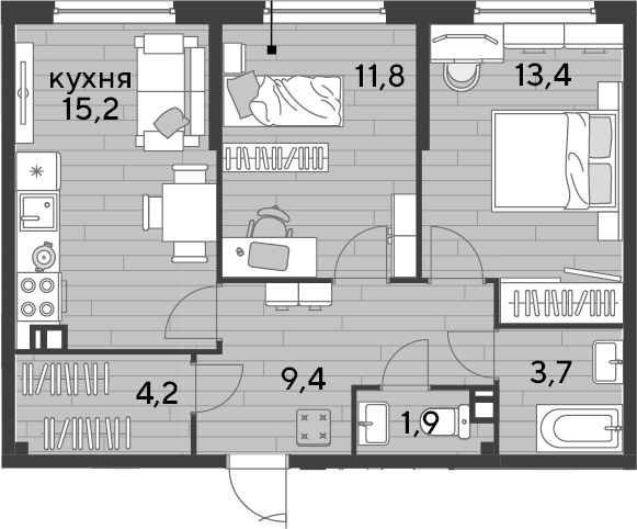 2-комн., 59.6 м², 8/16 этаж, ЖК «DОГМА ПАРК»