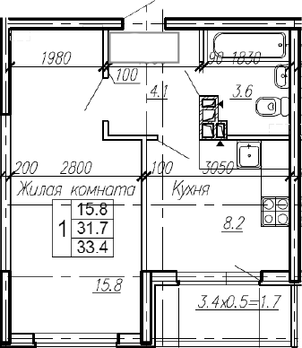 1-комн., 31.7 м², 3/4 этаж, ЖК «Эво»