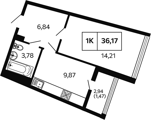 1-комн., 34.7 м², 9/10 этаж, ЖК «Отражение. Носта»