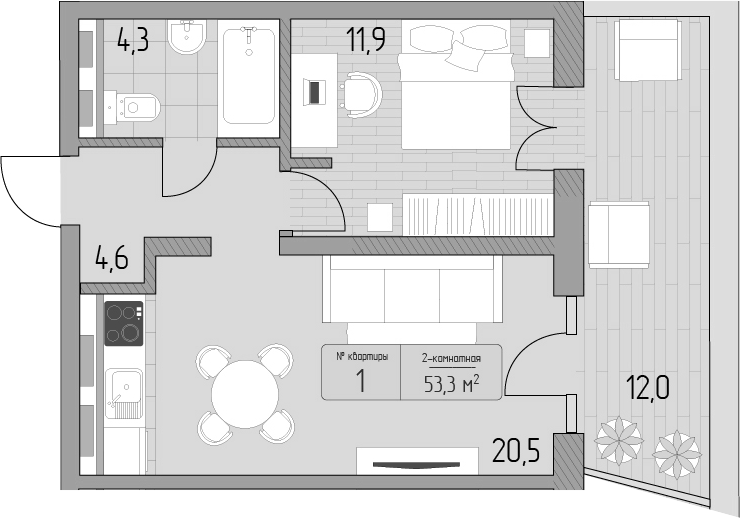 2-комн., 41.3 м², 1/9 этаж, ЖК «Морелло»