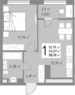 1-комн., 34.07 м², 6/9 этаж, ЖК «Коллекция»