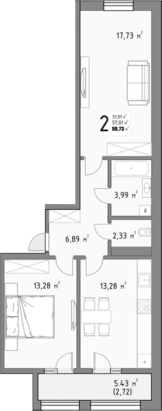 2-комн., 57.01 м², 7/9 этаж, ЖК «Коллекция»