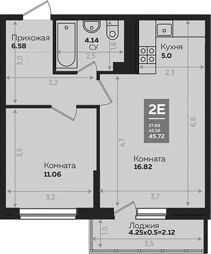 2-комн., 43.6 м², 9/24 этаж, ЖК «Левада»
