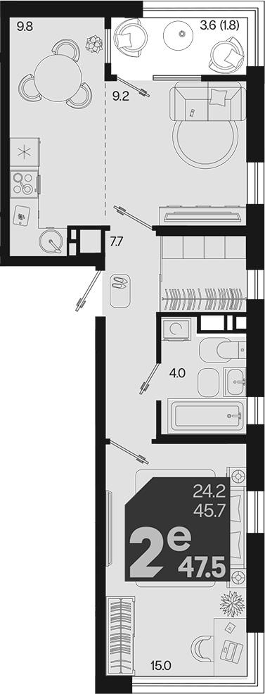 2-комн., 45.7 м², 12/18 этаж, ЖК «Первое место»