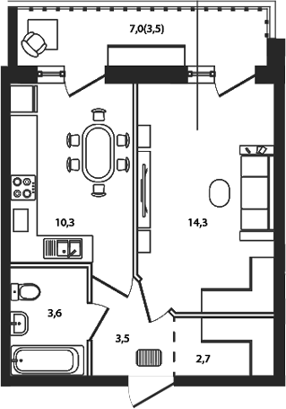 1-комн., 34.4 м², 6/9 этаж, ЖК «Сиреневый бульвар»