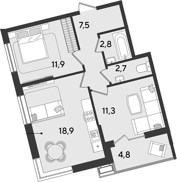 3-комн., 55.1 м², 2/16 этаж, ЖК «Парк Победы»