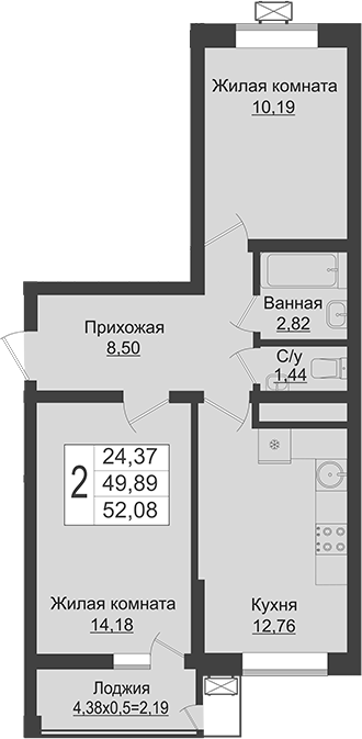 2-комн., 49.89 м², 16/16 этаж, ЖК «Зеленый театр»