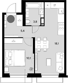 2-комн., 37.4 м², 4/9 этаж, ЖК «Грейд»