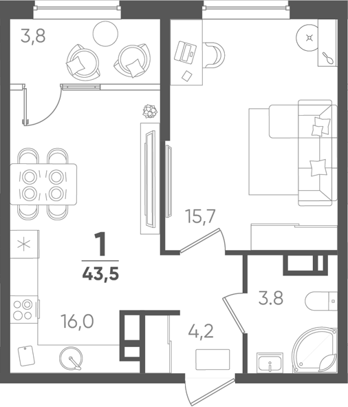 1-комн., 39.7 м², 12/18 этаж, ЖК «Барса»