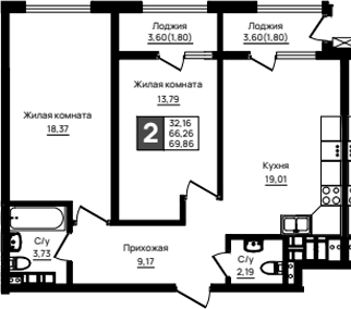 2-комн., 66.26 м², 14/18 этаж, ЖК «Резиденция морей»
