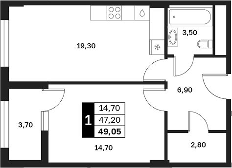 1-комн., 47.2 м², 8/15 этаж, ЖК «Аксис Патриот»