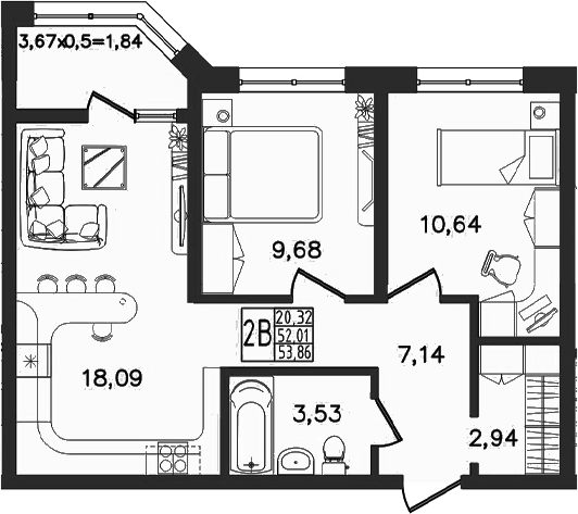 3-комн., 52.02 м², 5/16 этаж, ЖК «Яблоневый»