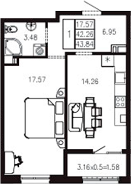 1-комн., 42.22 м², 2/9 этаж, ЖК «Суворов»