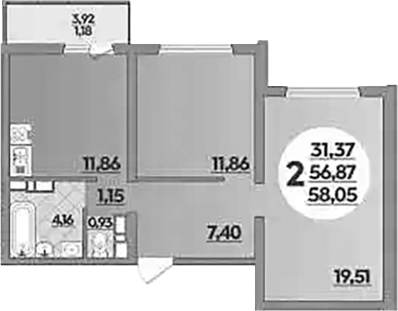 2-комн., 56.87 м², 9/9 этаж, ЖК «Предгорье Лаго-Наки»