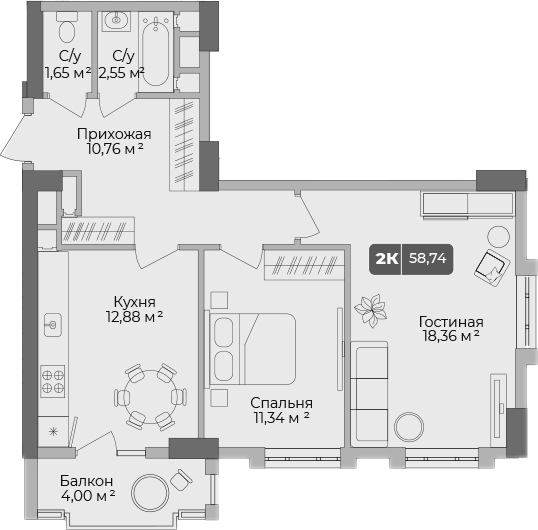 2-комн., 57.54 м², 16/17 этаж, ЖК «Золотой берег. СЗ Среда»