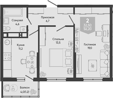 2-комн., 55 м², 22/24 этаж, ЖК «Облака»
