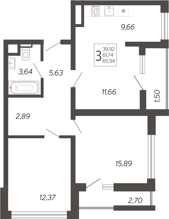 3-комн., 61.74 м², 7/19 этаж, ЖК «Кислород»