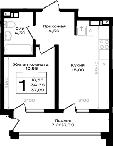 1-комн., 34.38 м², 9/9 этаж, ЖК «ЮЖНО»