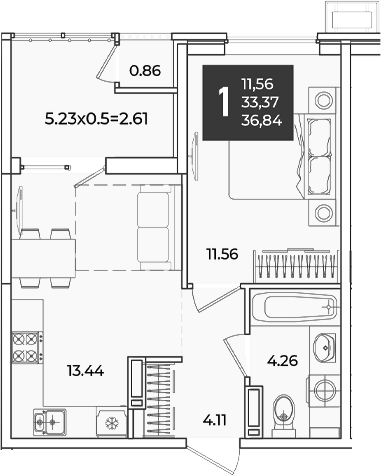 Продается 1-комн. квартира, 33.37 м²