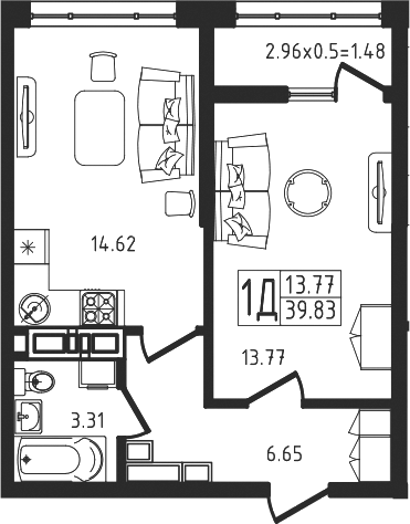2-комн., 38.35 м², 1/9 этаж, ЖК «Яблоневый»