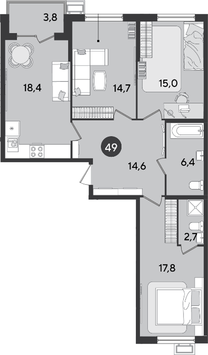 3-комн., 89.6 м², 2/9 этаж, ЖК «Парк Победы»