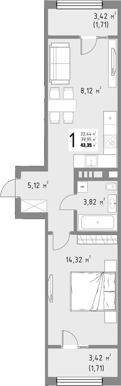 1-комн., 39.93 м², 13/15 этаж, ЖК «Коллекция»