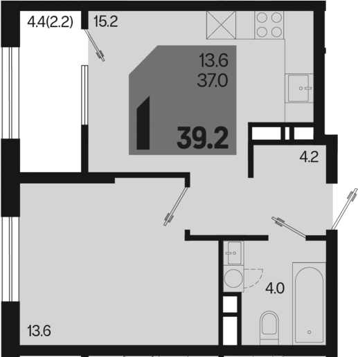 1-комн., 37 м², 14/18 этаж, ЖК «Первое место»