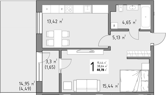 Продается 1-комн. квартира, 38.64 м²